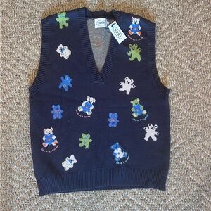 Cider Navy V-Neck Sweater Vest with Colorful Animal Patterns